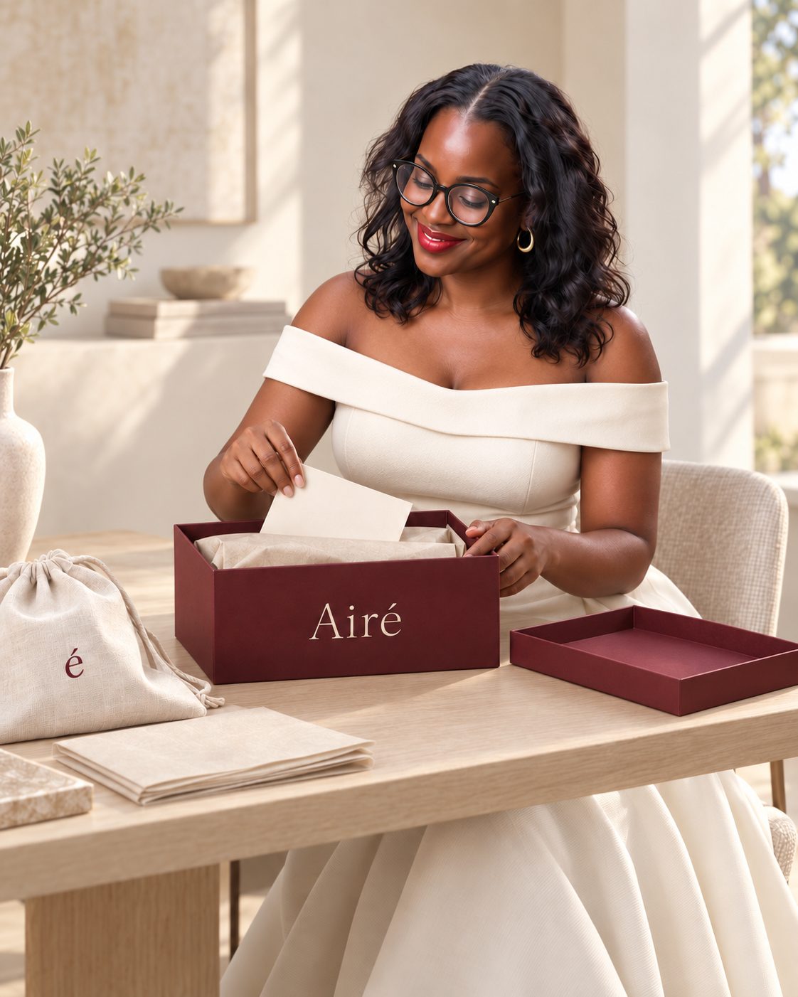 Claire packing an Airé box by hand — card, tissue, and dust bag