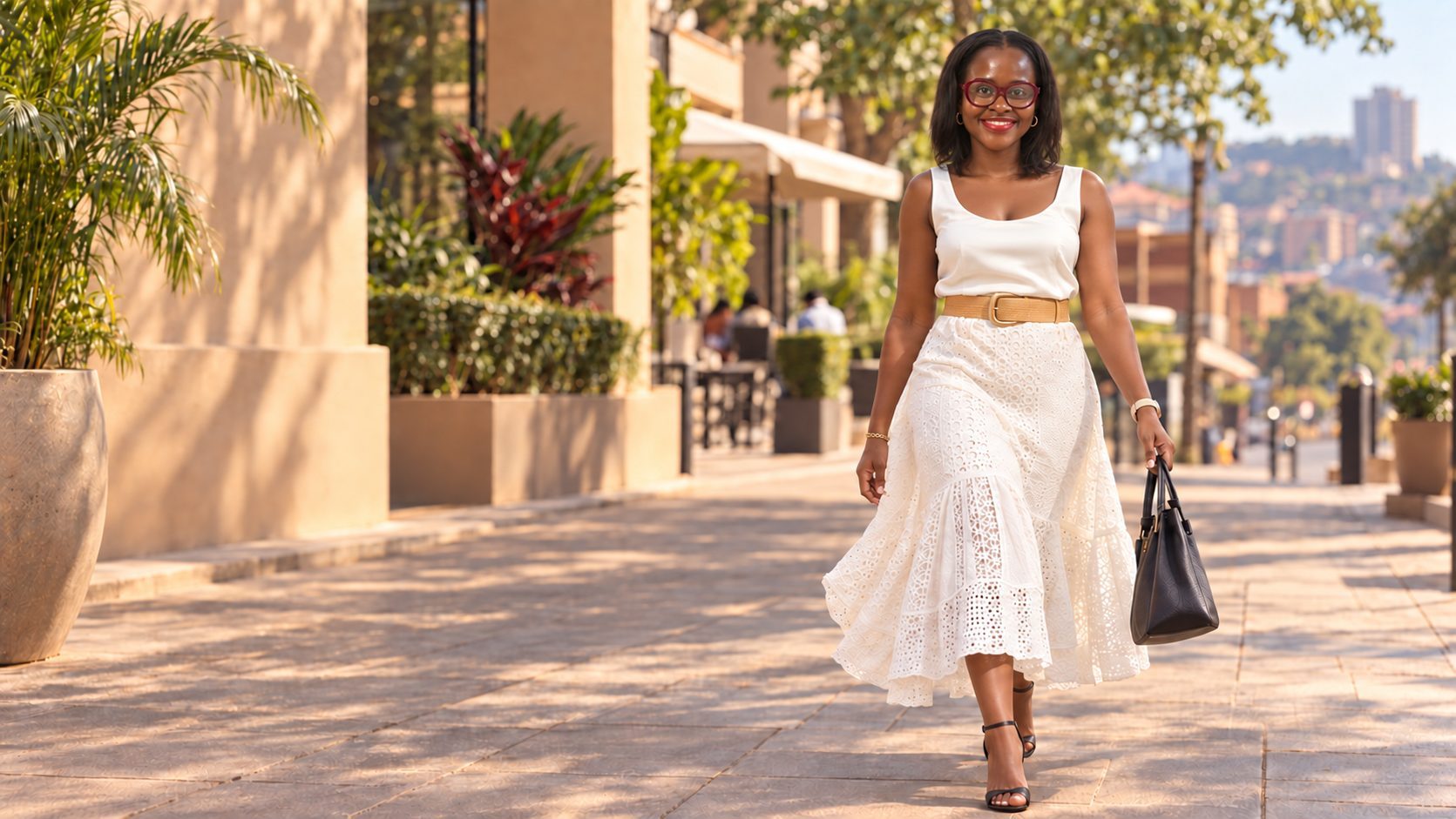 Claire walking a sunlit Kampala street in Airé heels